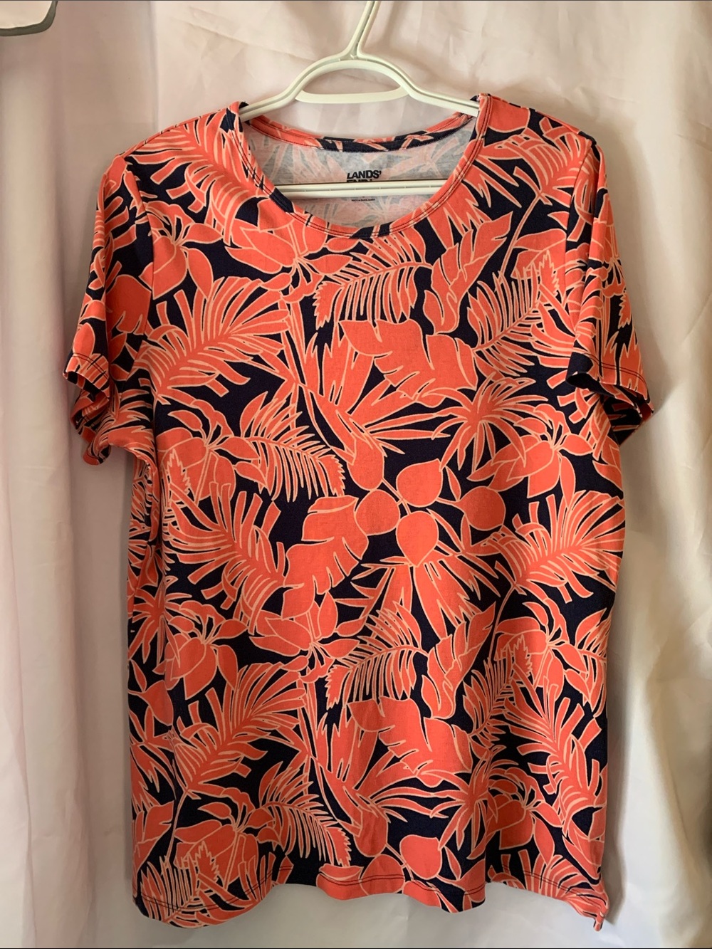 Lands' End Coral & Navy Tropical Leaf Print Short Sleeve Tee Size XL 100% Cotton